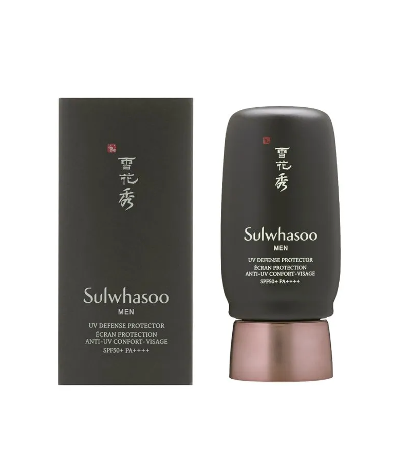 Sulwhasoo Men UV Defense Protector shown as a dark charcoal bottle with a metallic rose gold base next to its matching dark gray packaging box, on a solid white background.