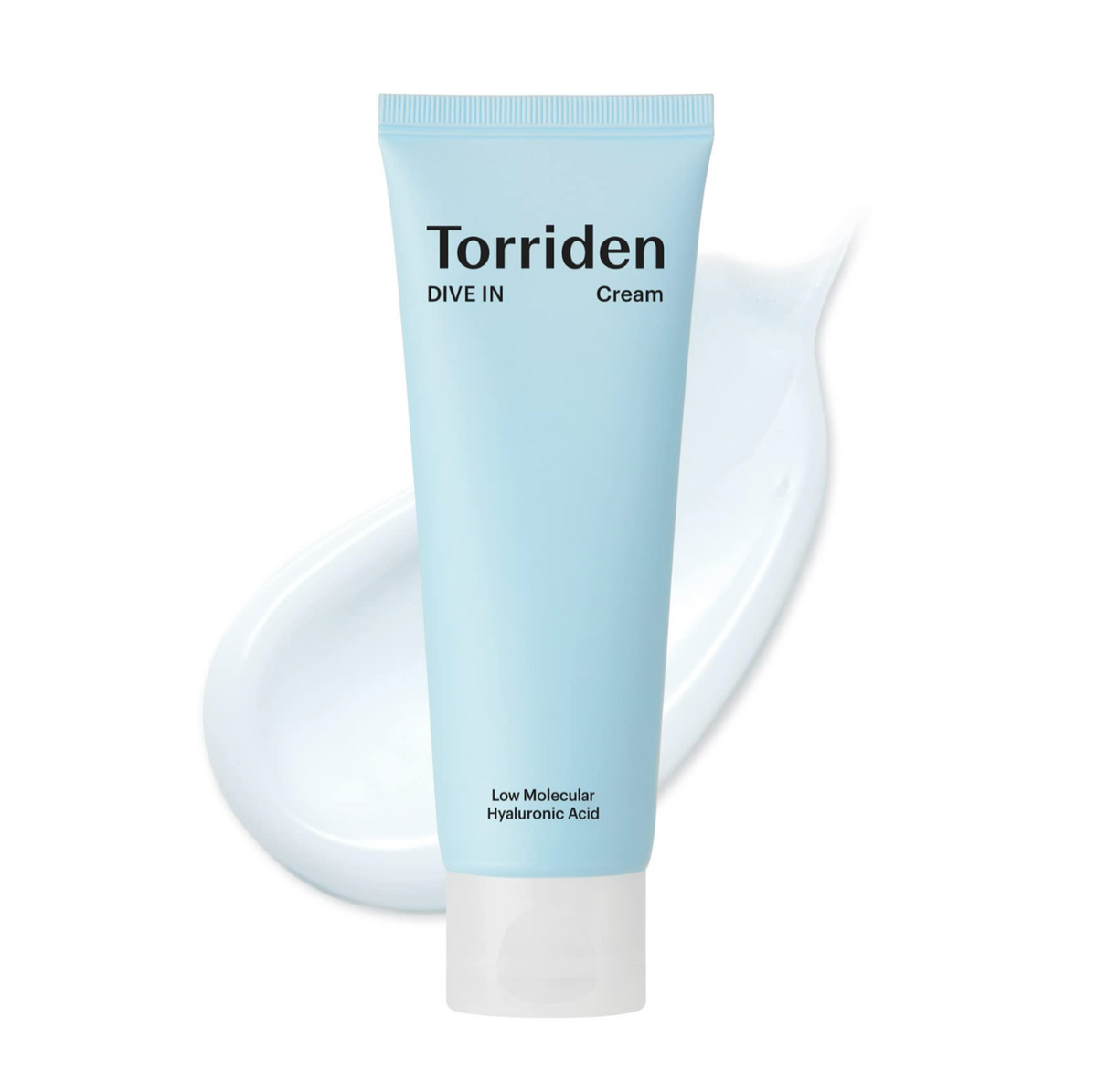 A light blue squeeze tube of Torriden Dive In Cream with a white cap, shown against a white background with a white cream smear behind it.