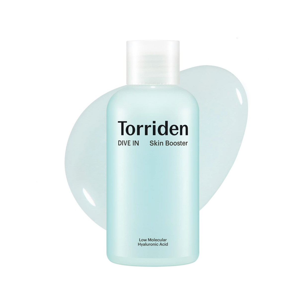 A bottle of Torriden Dive In Skin Booster in a pale mint green color, shown against a white background with a matching translucent green splash graphic behind it.