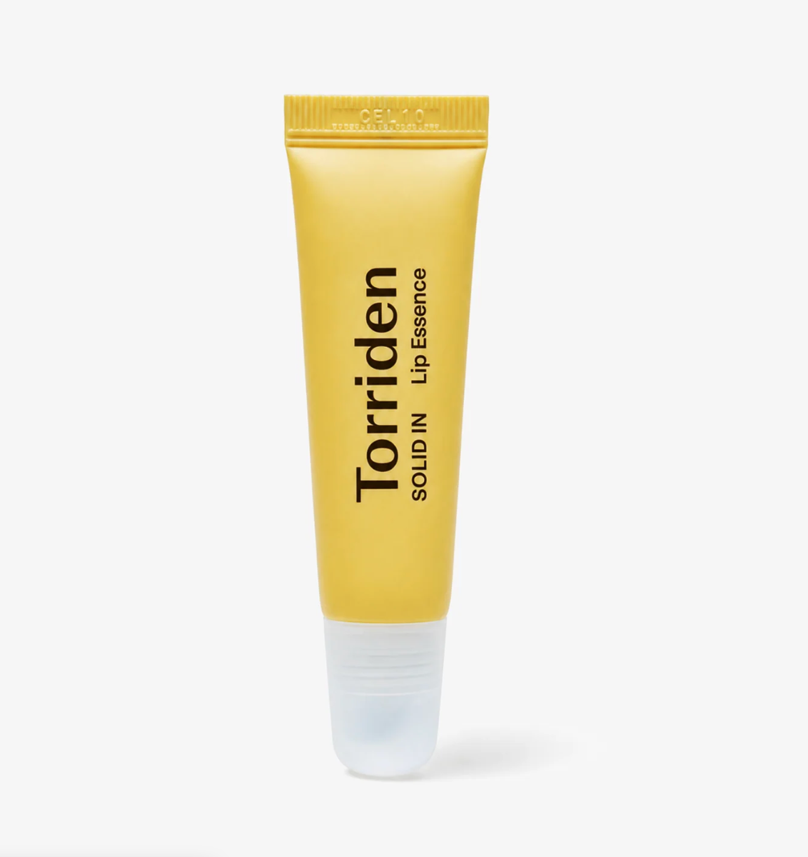 A yellow squeeze tube of Torriden Solid In Lip Essence with a clear cap, shown on a clean white background.