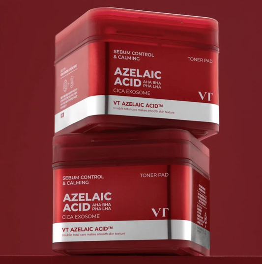 Two red cosmetic jars of VT Azelaic Acid Toner Pad stacked vertically on a matching dark red background. The jars are deep red with white and silver text bands and the VT logo.