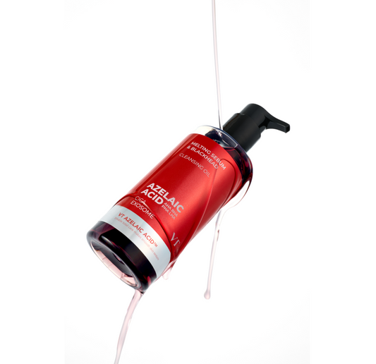 A bottle of Azelaic Acid Cleansing Oil floating diagonally against a solid white background, with clear oil visibly dripping from the top and bottom of the bottle.
