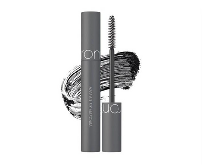 Hane All In Maskara in a matte dark gray tube, shown with the wand applicator and a black mascara swatch on a white background.