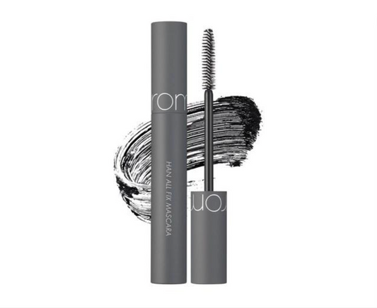 Hane All In Maskara in a matte dark gray tube, shown with the wand applicator and a black mascara swatch on a white background.