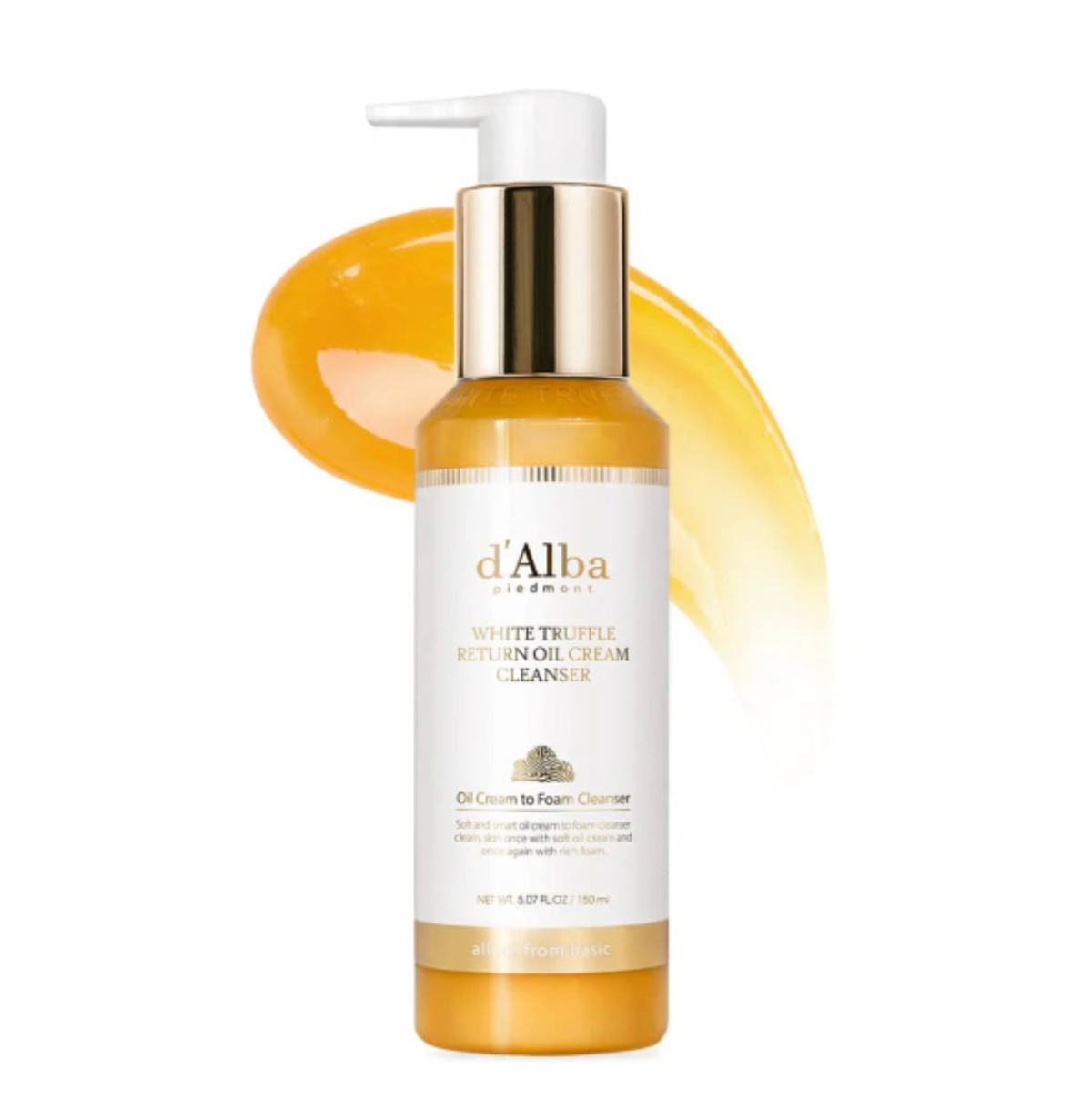 d'Alba Paris White Truffle Return Oil Cleanser bottle with a white pump and gold collar, shown against a white background with a golden-yellow cream smear behind it.